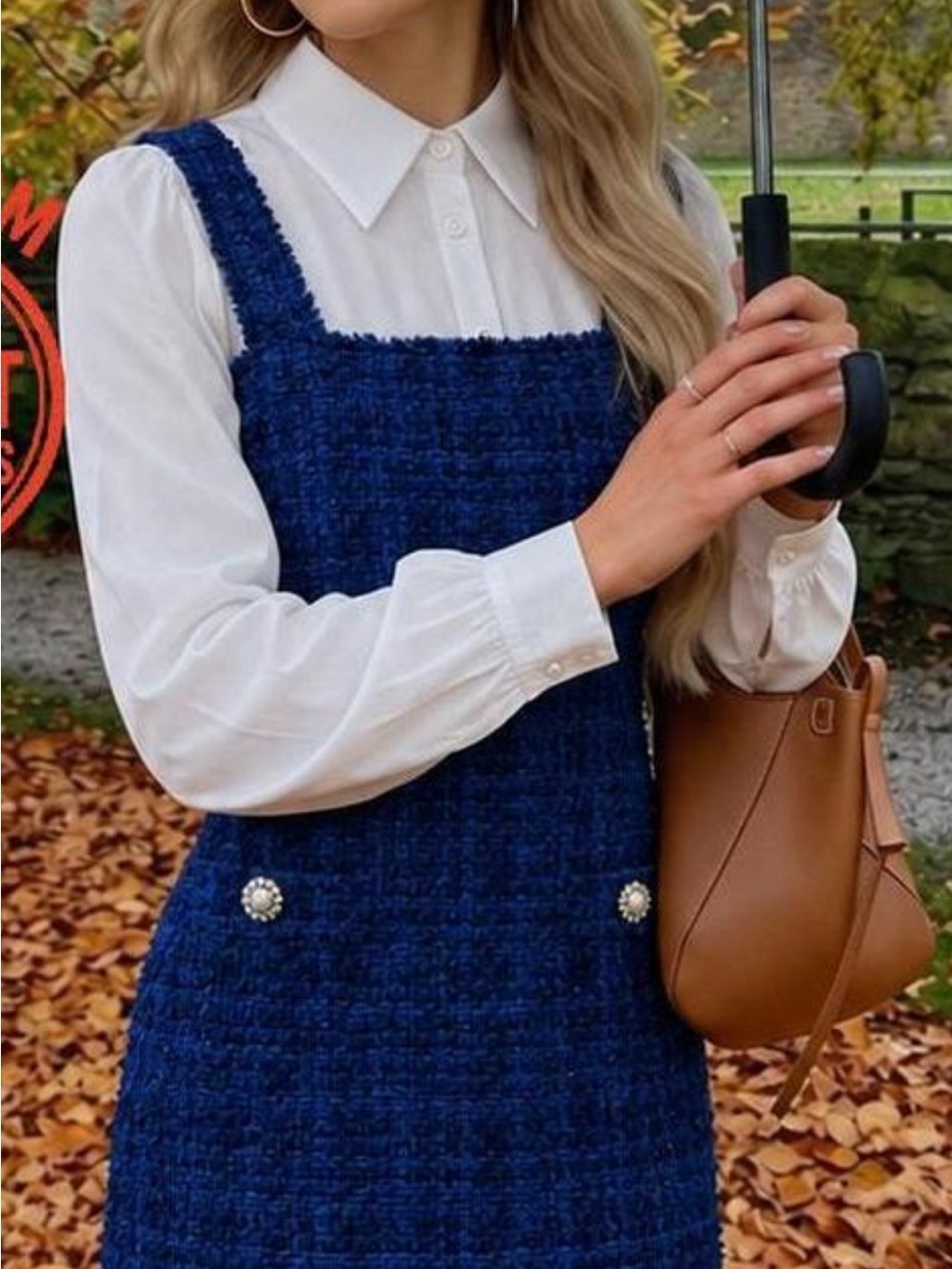 Zara Navy Blue Tweed Pinafore Dress with Pearl Buttons